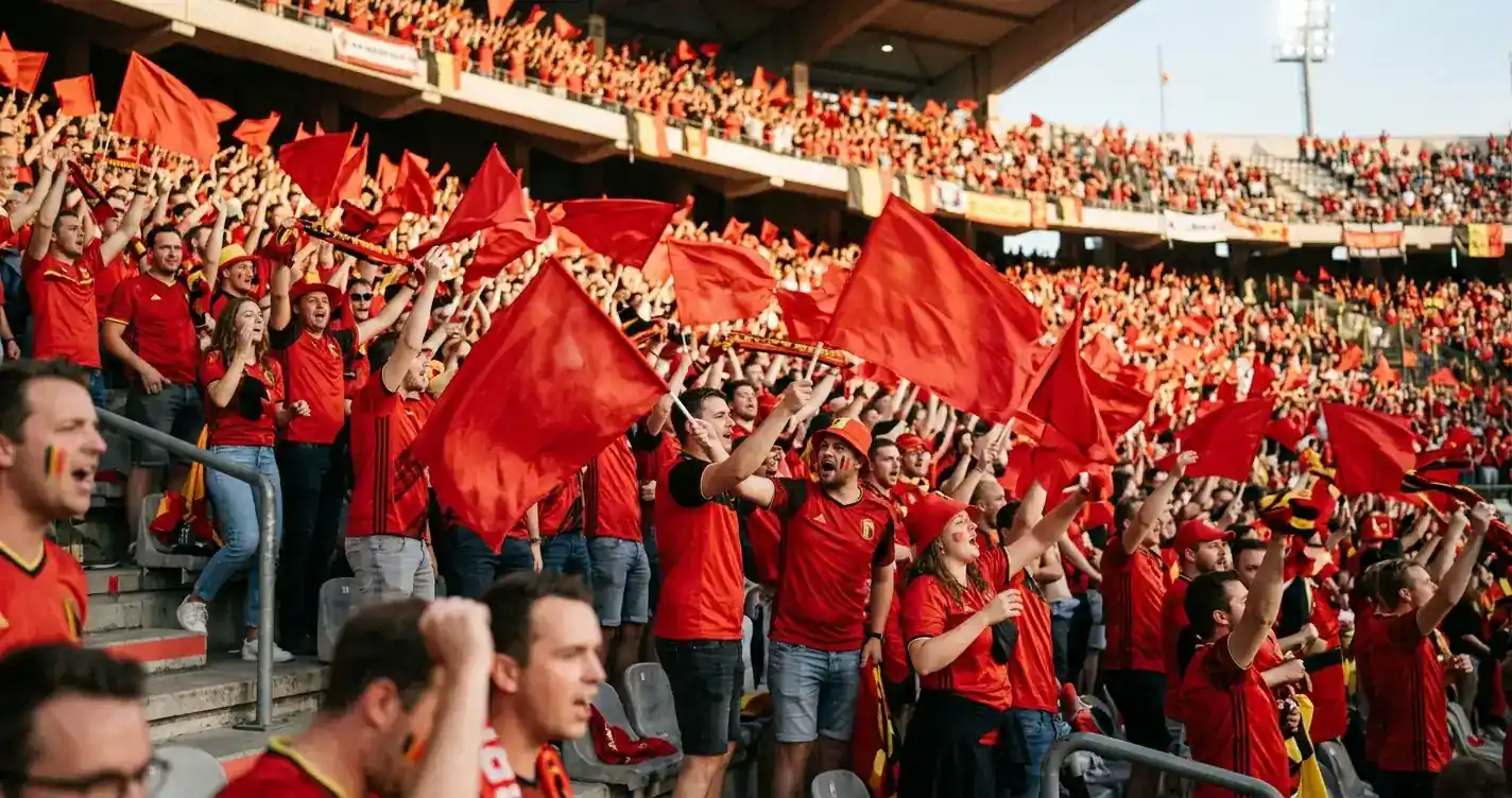Supporters en rouge brandissant des drapeaux dans les tribunes d'un stade de football