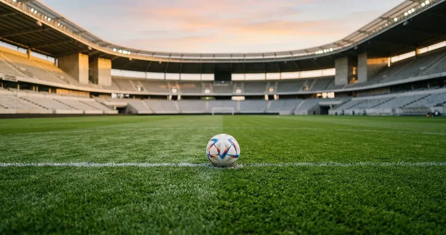 Ballon de football posé sur la ligne médiane d'une pelouse impeccable, stade vide et lumineux au lever du jour