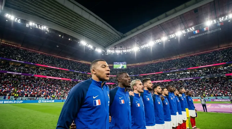 Équipe de France de football en maillot bleu alignée avant un match de la Coupe du Monde