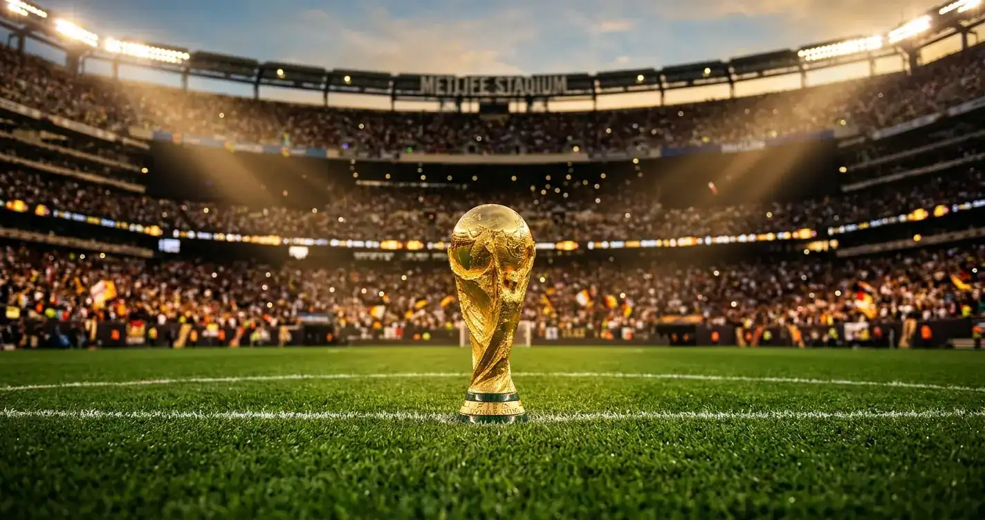 Trophée doré de football posé au centre d'un stade illuminé, projecteurs et tribunes floues en arrière-plan