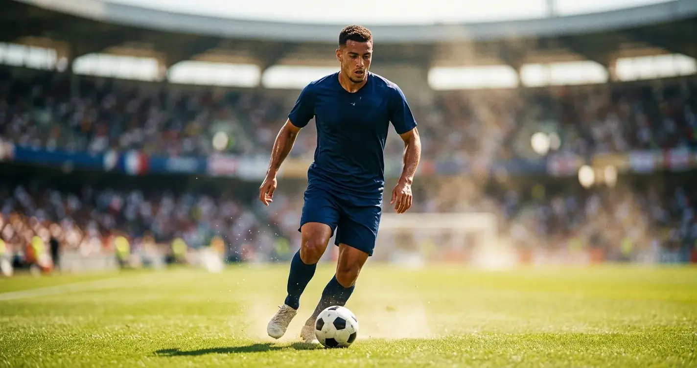 Joueur de football en maillot bleu concentré sur le ballon dans un stade ensoleillé, chaleur visible