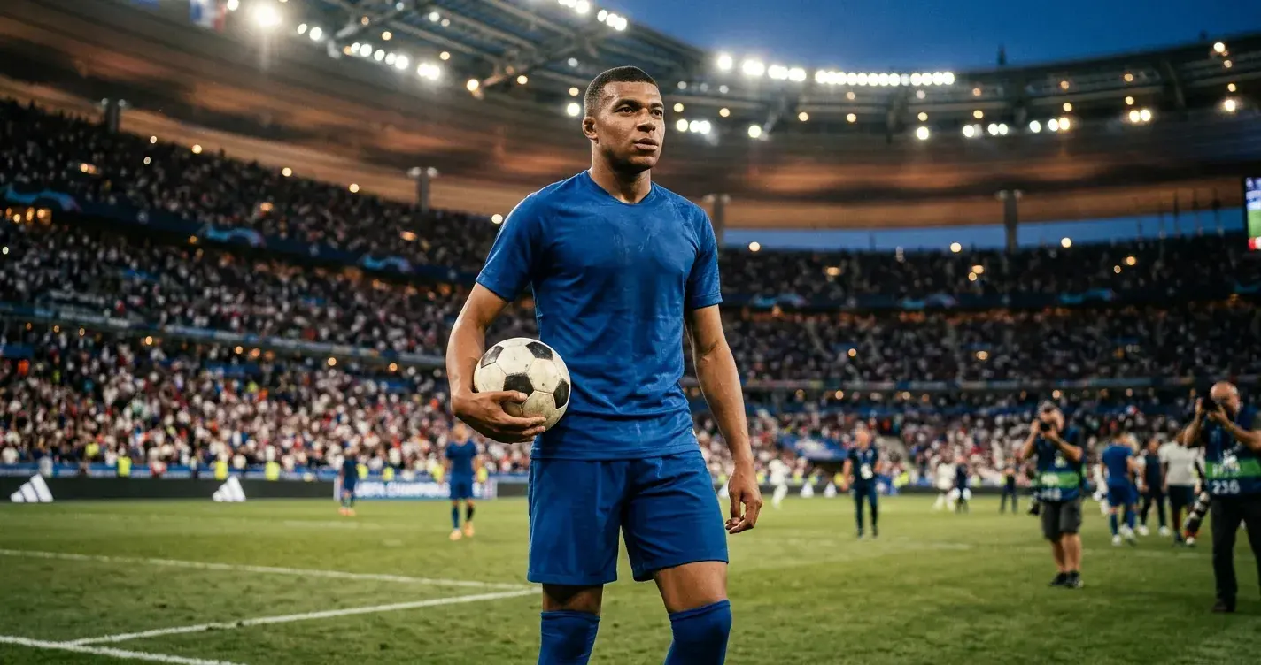 Joueur de football en maillot bleu tenant le ballon sous des projecteurs de stade, expression déterminée