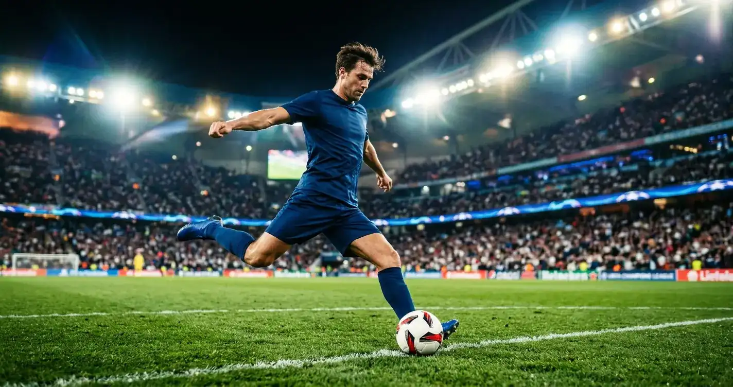 Joueur de football en maillot bleu s'apprêtant à frapper le ballon dans un grand stade illuminé