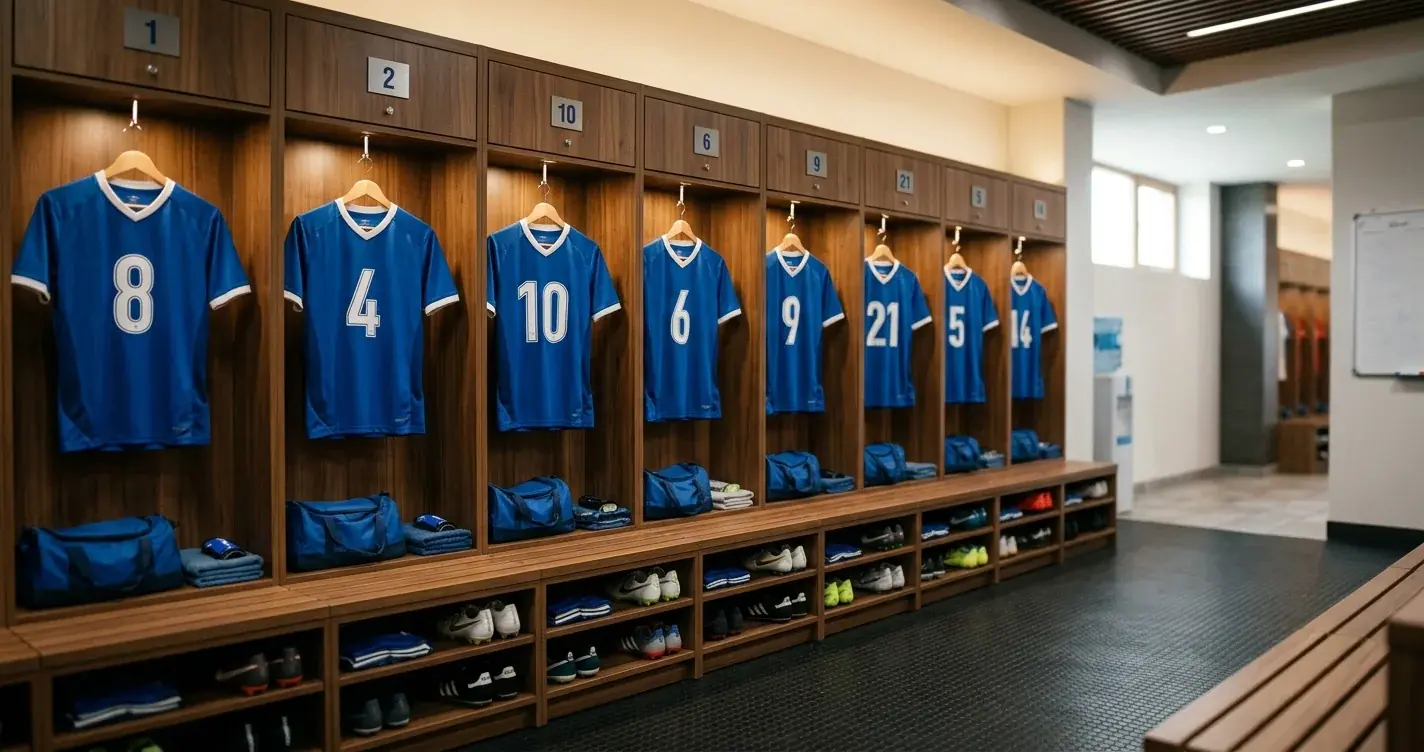Vestiaire de football avec maillots bleus numérotés suspendus avant un match