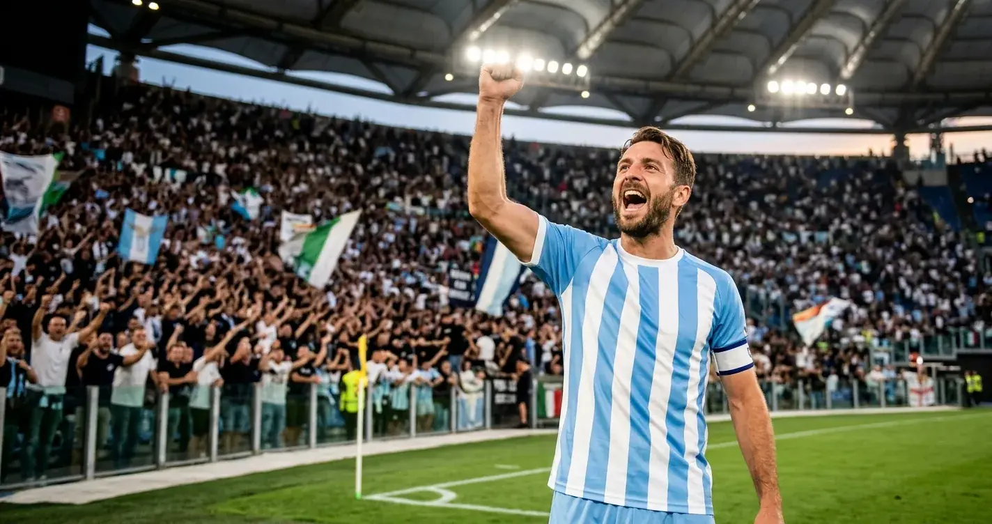 Capitaine de football brandissant le bras devant une foule de supporters dans un grand stade