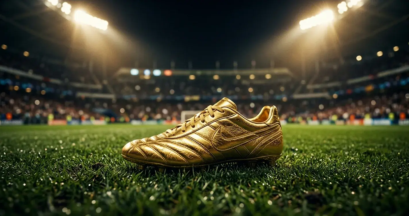 Chaussure de football dorée posée sur la pelouse sous les projecteurs