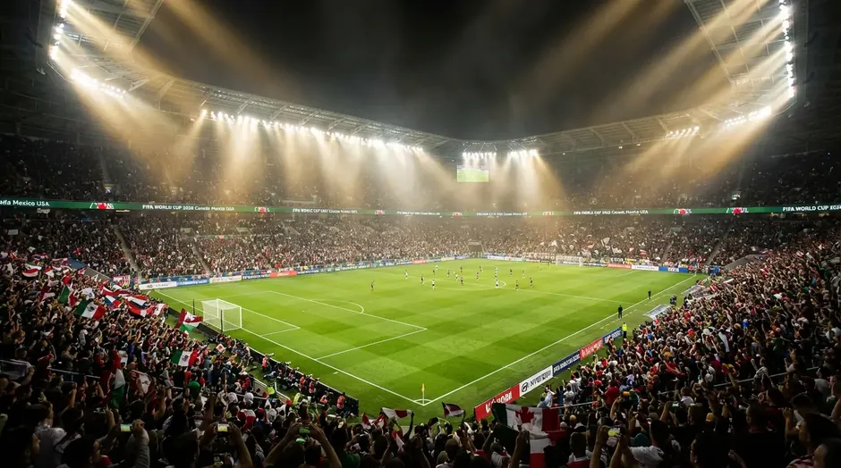 Stade de football illuminé lors d'un match international de la Coupe du Monde 2026