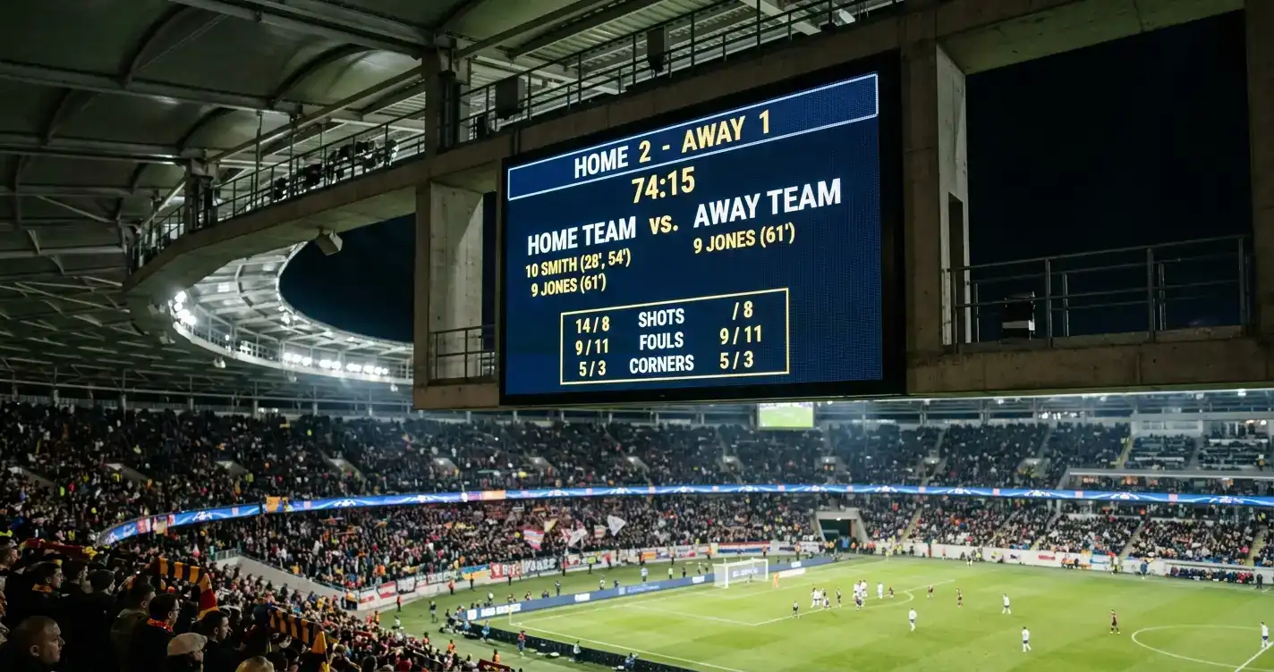 Tableau de scores lumineux dans un grand stade de football montrant les résultats de trois matchs