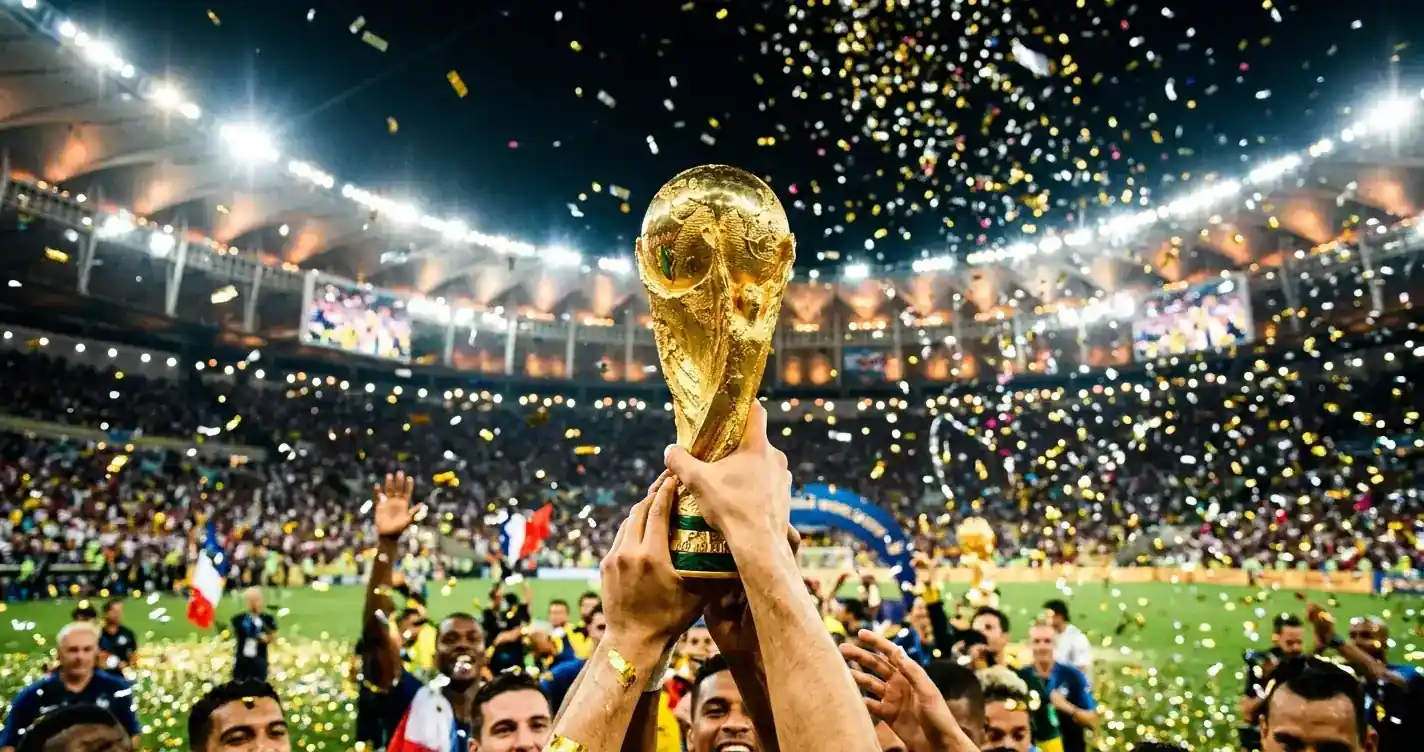 Trophée doré de la Coupe du Monde soulevé sous une pluie de confettis dans un stade illuminé la nuit