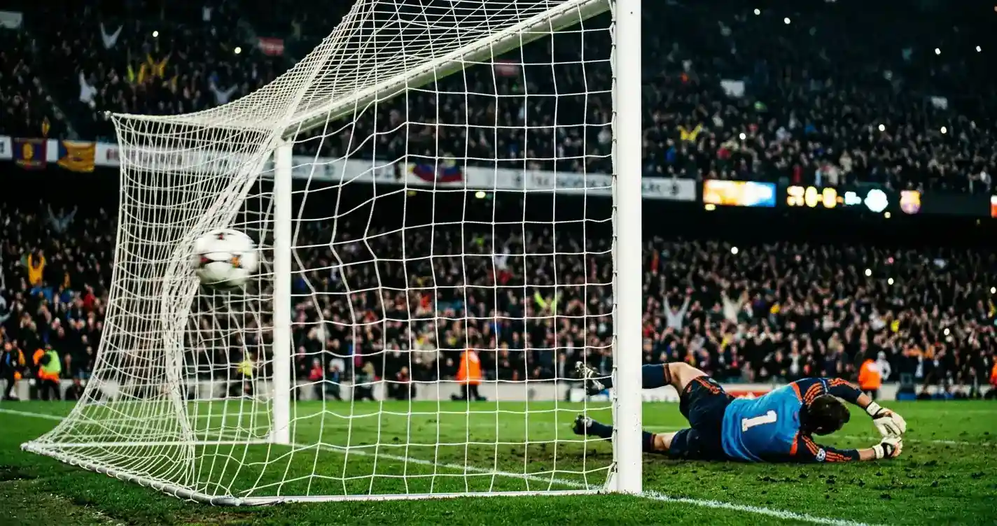 Ballon de football au fond des filets, gardien battu au sol, sous les projecteurs d'un stade bondé