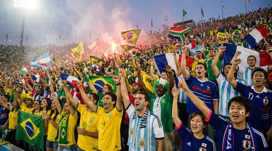 Supporters enthousiastes dans les tribunes d'un stade pendant un match de Coupe du Monde
