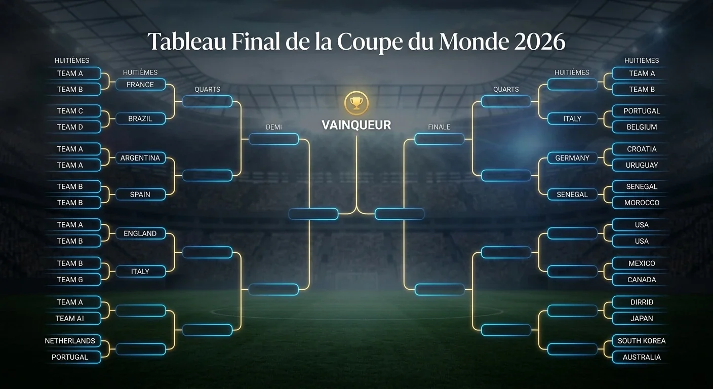 Schéma d'arbre de tournoi de football entièrement complété, lignes lumineuses convergeant vers une finale, fond sombre de stade